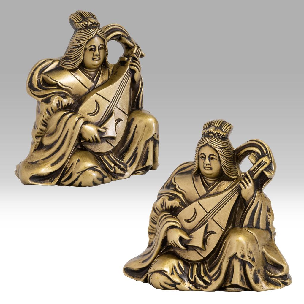 Benzaiten, One of the Seven Lucky Gods, Silky Gold. Sculptor: Makita Shuun. Antique Gold. Buddhist Statue. Takaoka Copperware (Benzaiten 7F).