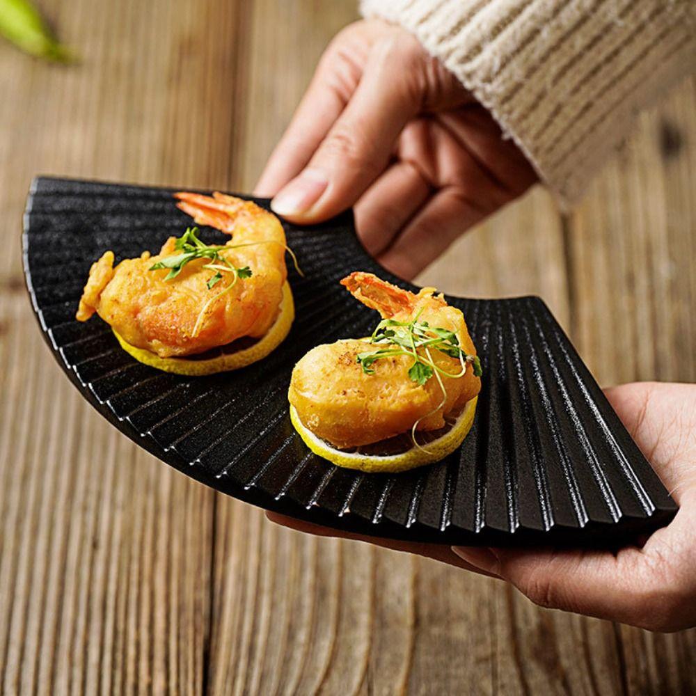 Ceramic Sushi Plate Japanese Style Dessert Tray Kitchen Organizer Fan Shaped Striped Plate Cake