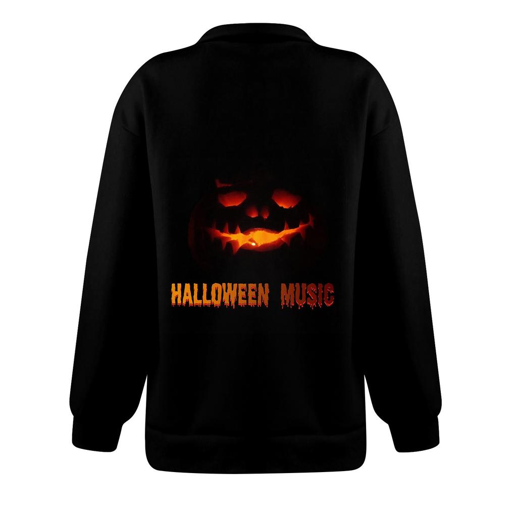 Women's Fashion Casual Long Sleeve Halloween Printed Zipper Turtleneck Drop Shoulder Sweatshirt Top