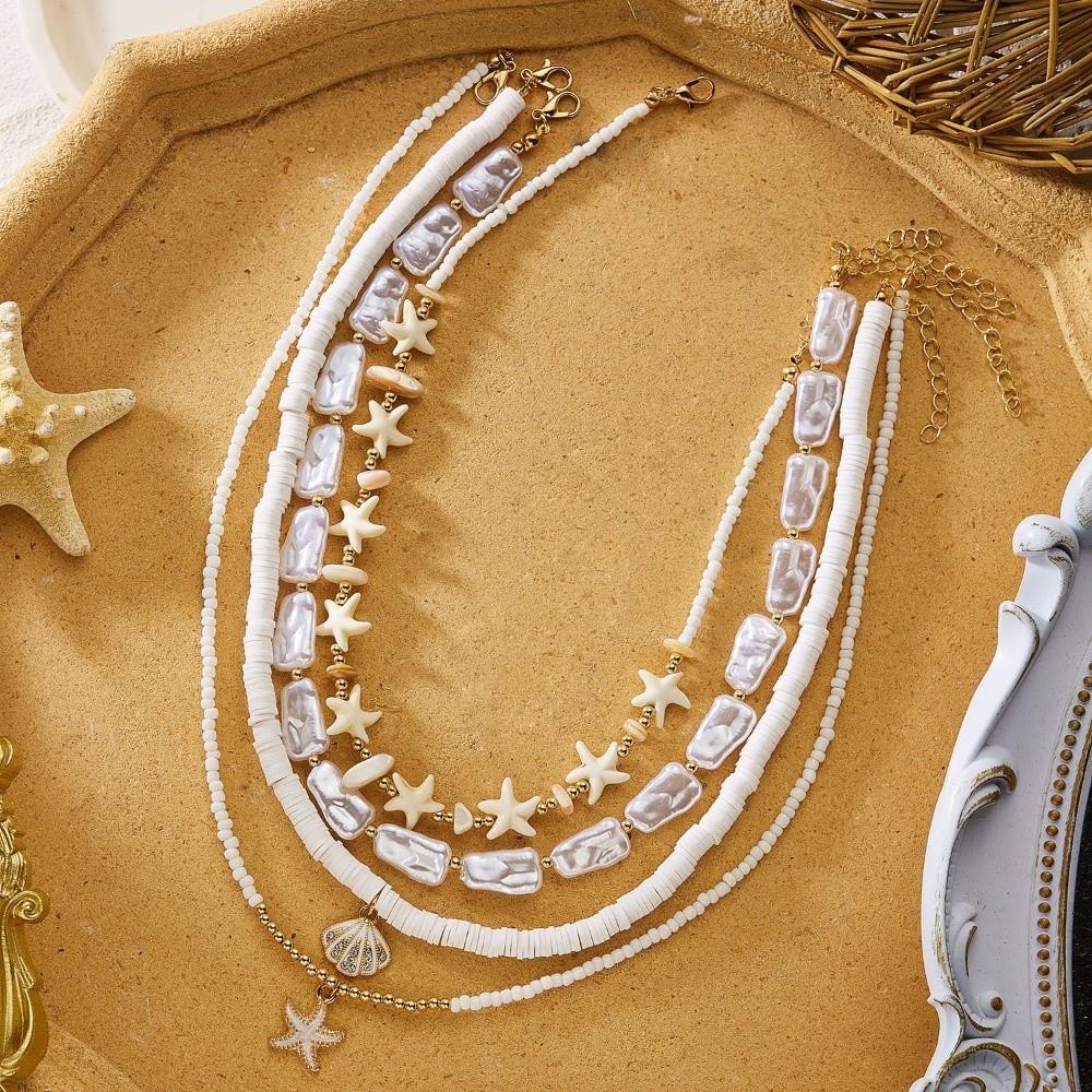 4Pcs/Set Vintage Boho Starfish Pendant Necklace Imitation Pearl Beads Clavicle Chain Multilayer Shell Choker Jewelry