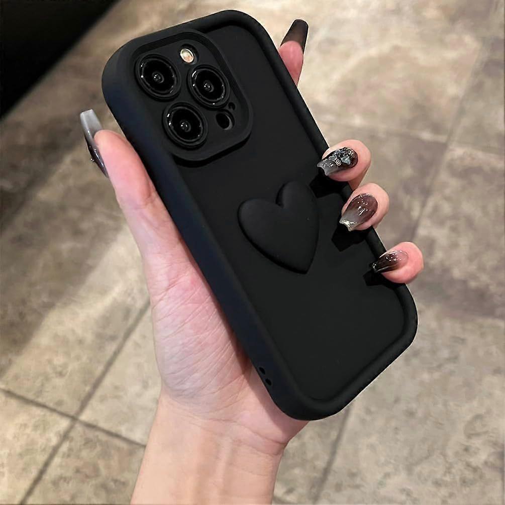 Love Heart 3D Cute Shockproof Thick Soft Silicone Case for Women Girls Compatible with iPhone Case (Black,iPhone 15 Pro)