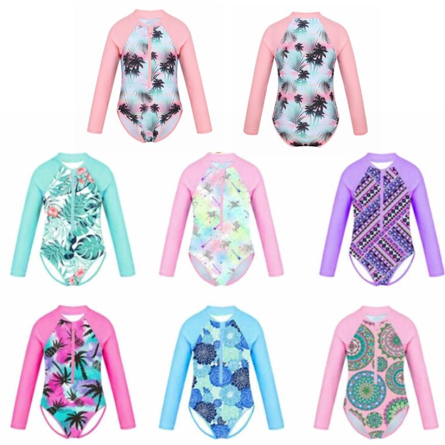 Детский купальник для девочек, купальный костюм на молнии с длинными рукавами и принтом пальм, купальный костюм, боди, пляжная одежда