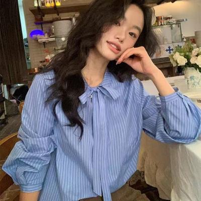 Синяя полосатая женская рубашка с бантом, модные рубашки с длинными рукавами, стиль для поездок на работу, женская зауженная талия, топ с дизайном