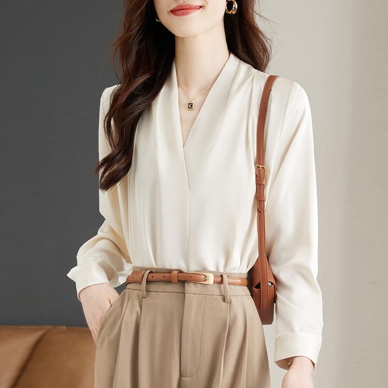 Новые модные весенние женские блузки, рубашки с длинным рукавом и V-образным вырезом, офисная женская абрикосовая шифоновая блузка, рубашка, женские топы J768