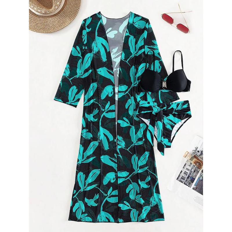 Бикини пуш-ап с принтом растений и кимоно, прикрытый купальник, женский купальник с длинным рукавом, комплект бикини из трех предметов, купальный костюм