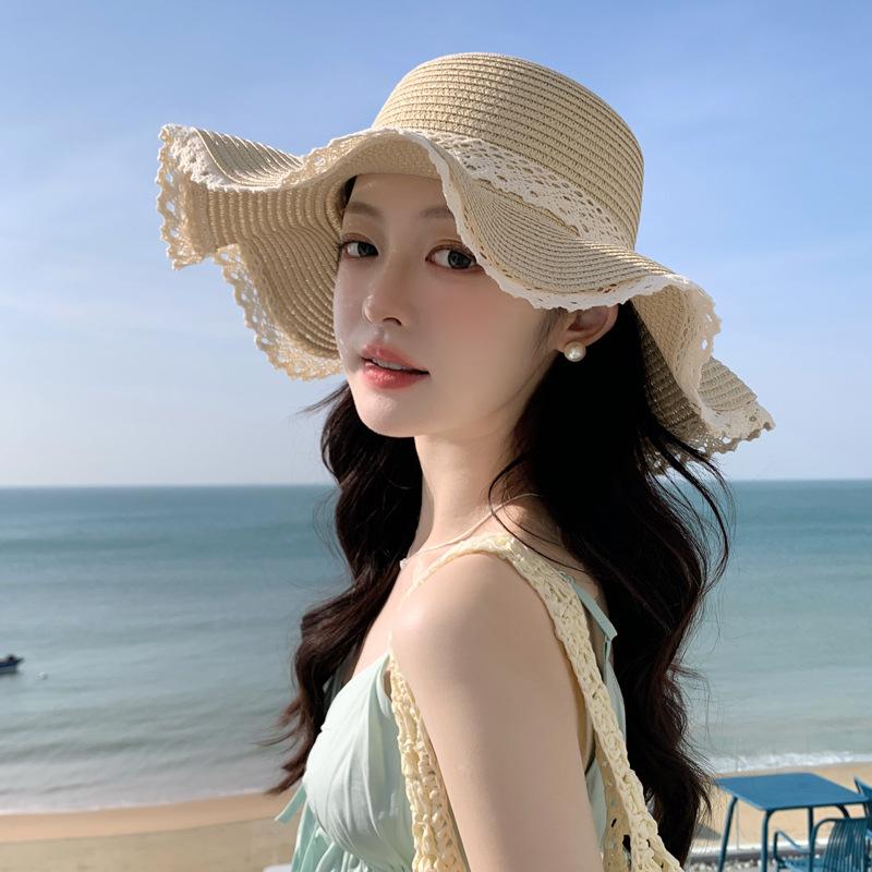 Летняя защита от солнца шляпа от солнца детская морской отдых соломенная шляпа волнистое кружево шляпа от солнца