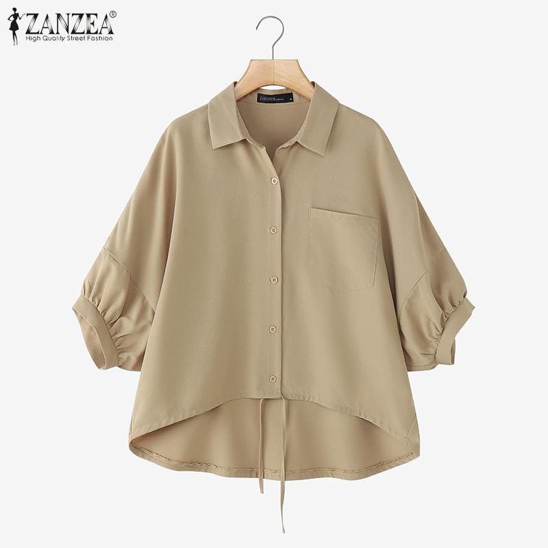 ZANZEA Women Summer Turn Down Collar Loose Asymmetrical Half Sleeve Blouse