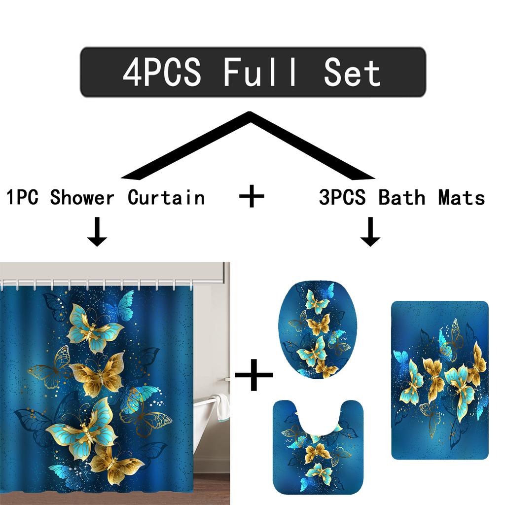 4pcs Blue-Golden Butterfly Shower Curtain Set with Rug, Toilet Lid Cover, Bath Mat, and Waterproof Polyester Curtain for Windows