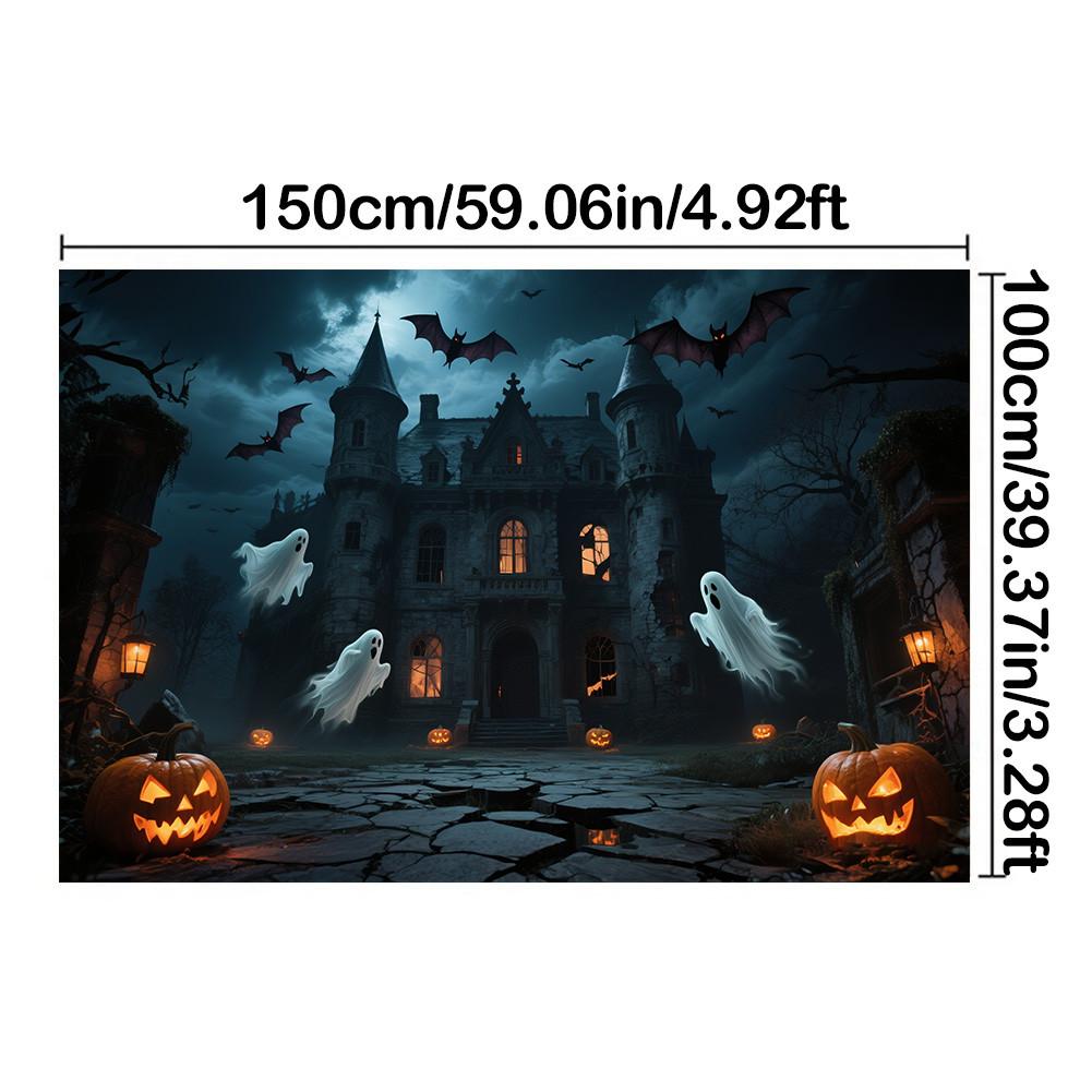 Фон для Хэллоуинской вечеринки с элементами тыквы, замка, летучей мыши, привидения для фотобудки, мероприятия, праздника, настенного декора