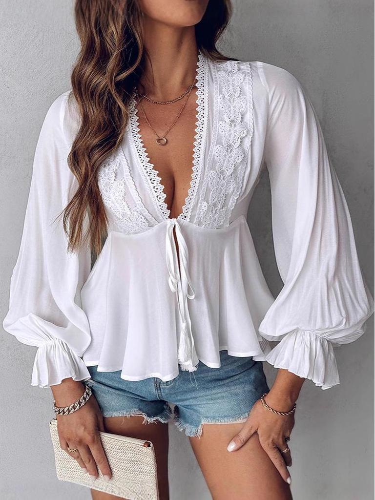 Топ с длинным рукавом и V-образным вырезом, кружевом и бантом для осеннего сезона 2024 года для европейского и американского рынков