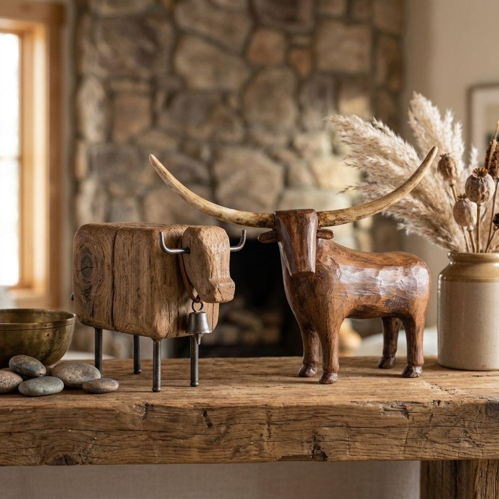 Rustic Longhorn Bull Sculpture Vintage Style Resin Bull Tabletop Statue Farmhouse