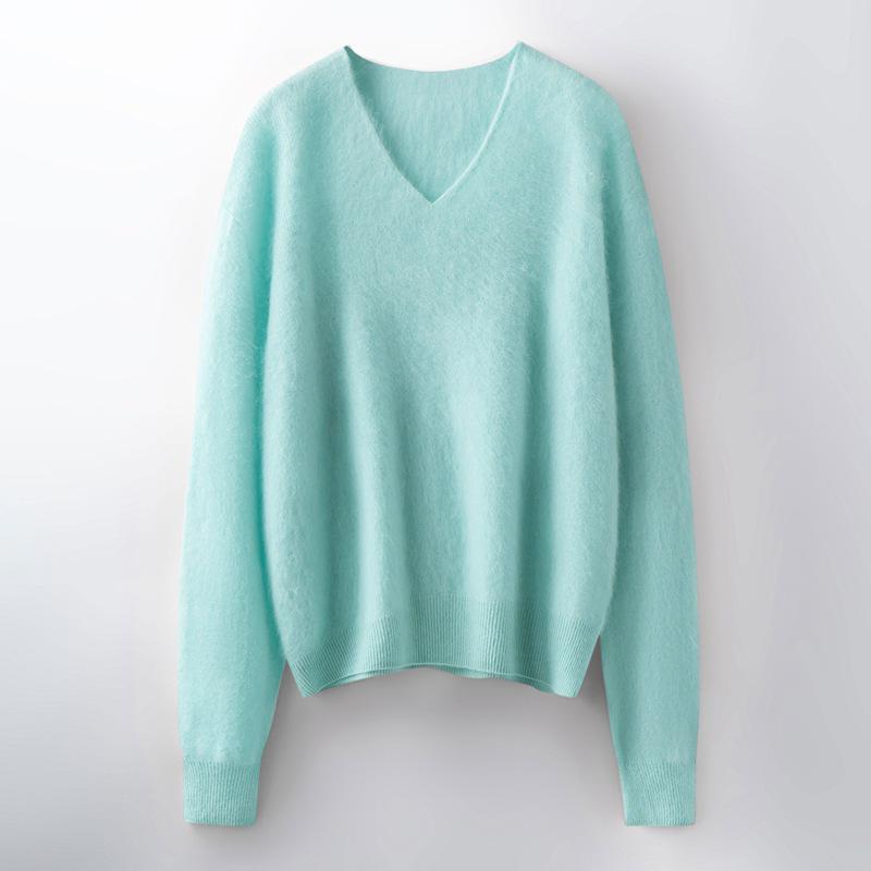 V-Neck Wool Cashmere Loose Brushed Sweater - Solid Color, Versatile, and Skin-Friendly Knitwear
