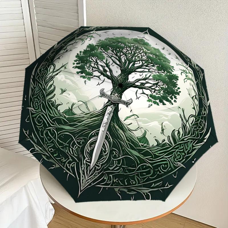 1pc Tree of Life Sword Automatic Open/Close Umbrella with Windproof, 8-Rib Sturdy Canopy, Durable Ribs, Fashionable Design1230A