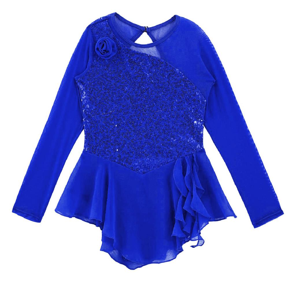 Girls Long Sleeve Mesh Patchwork Style Irregular Sequins Decor Dress Skating Dance Gymnastic Dress