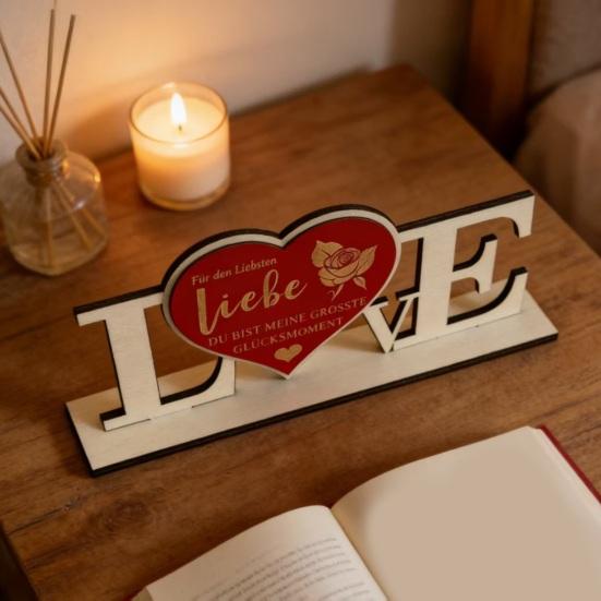 Valentine's Day Love Table Sign with Base Farmhouse Rustic Wooden Love Letter Ornament Anniversary Wedding Party Tabletop