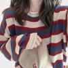 Американский ретро синий красный полосатый вязаный свитер пальто женский весенне-осенний повседневный пуловер с длинным рукавом с круглым вырезом свитер пуловер