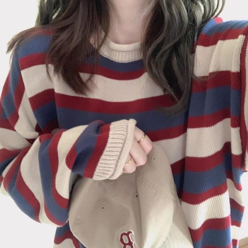 Американский ретро синий красный полосатый вязаный свитер пальто женский весенне-осенний повседневный пуловер с длинным рукавом с круглым вырезом свитер пуловер