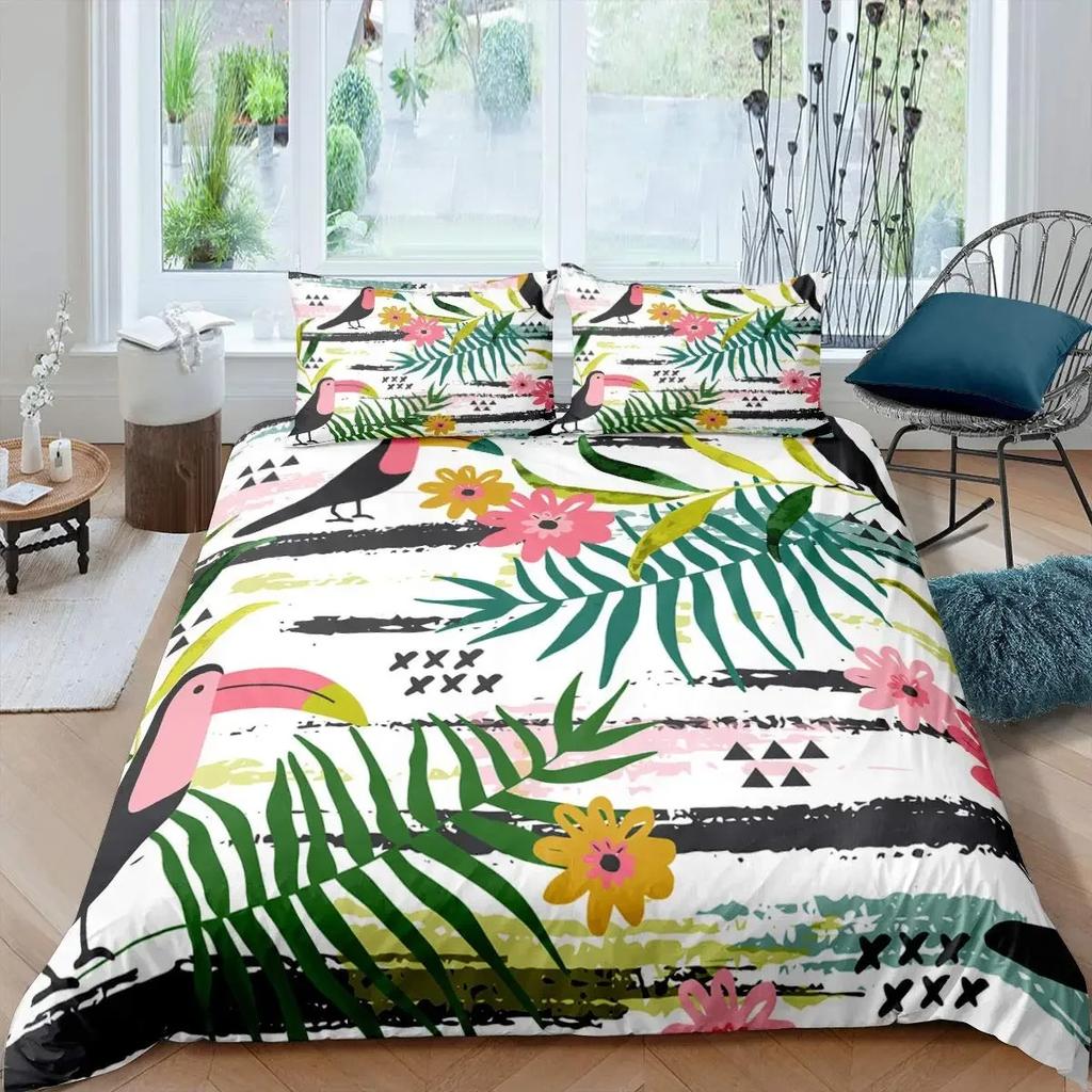 Tropical Birds Duvet Cover Watercolor Hummingbird Flowers Twin Bedclothes Exotic Wildlife White Abstract Polyester Qulit Cover