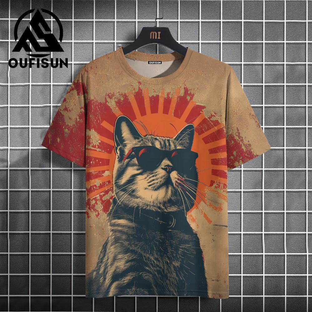 Funny T-shirt Cartoon Cat Pattern Men's T-shirt, 3D Printing Casual Pullover