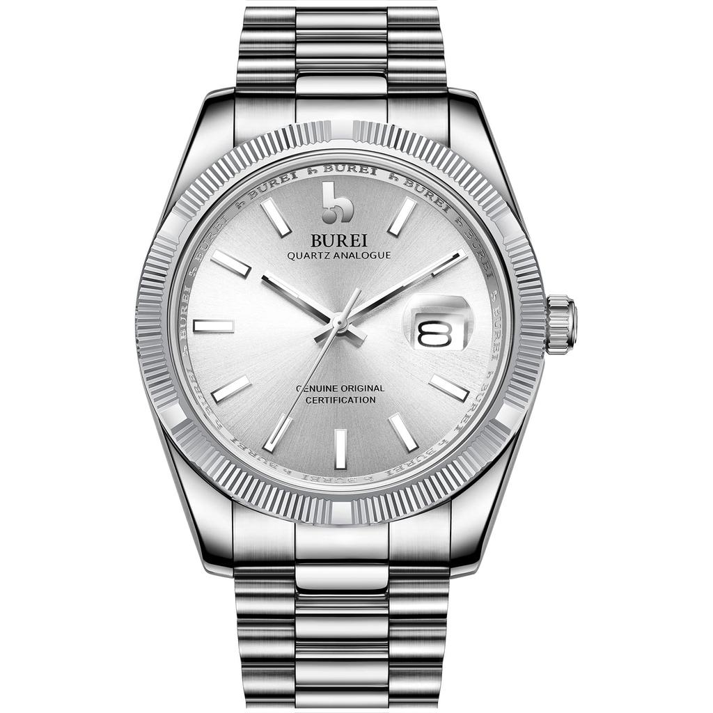BUREI Аналоговые Популярные Водонепроницаемые Кварцевые Деловые Светящиеся Подарок на День рождения Мужские Часы, Бренд, Механизм, Часы, Модные, Простые, Серебристо-Белые Часы,