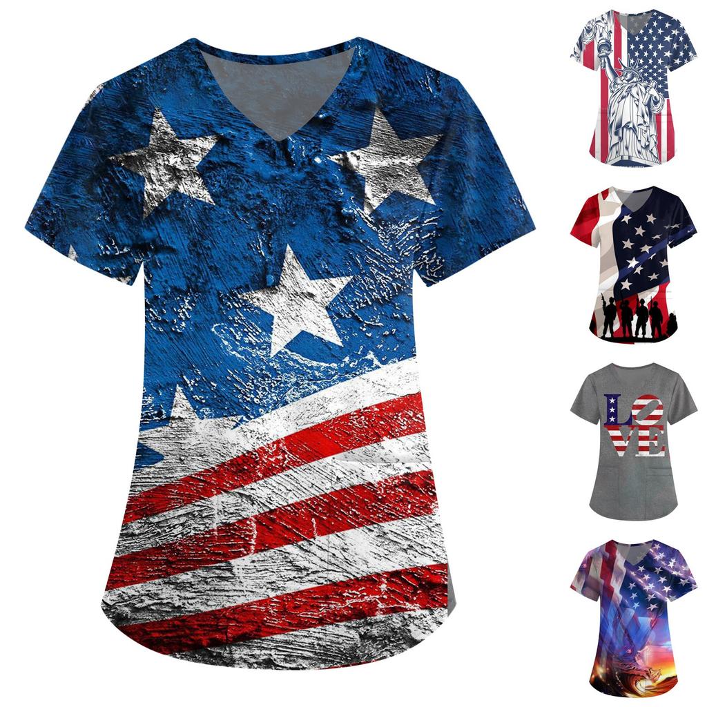 Women's Short Sleeve V-Neck Independence Day Printed Pocket Carer Top
