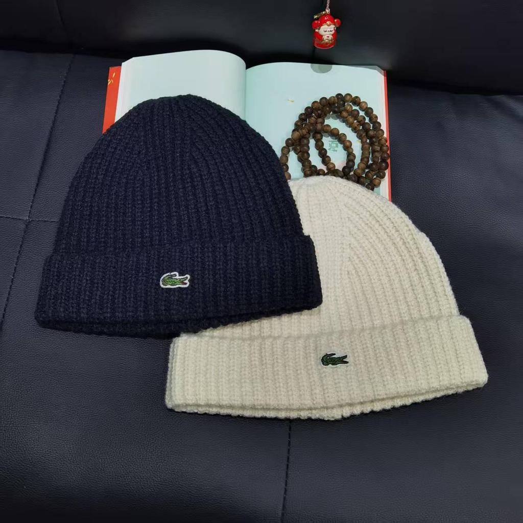 Unisex Ribbed Wool Knit Beanie with Crocodile Embroidery - Solid Color Winter Hat