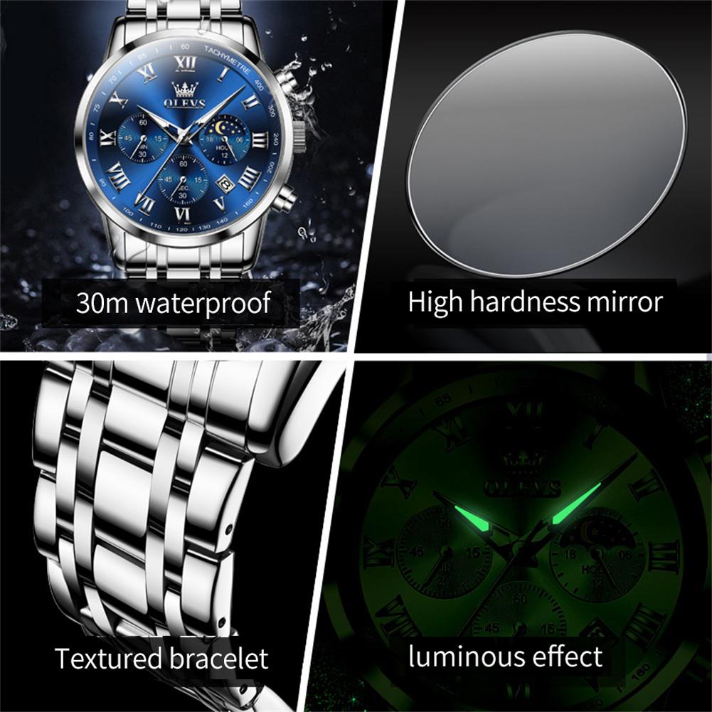 Multifunctional Men's Watches Chronograph Quartz Watch Moon Phase Calendar Luminous Waterproof Watch for Men