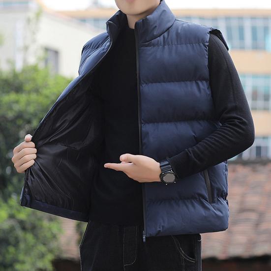 Men Waistcoat Stand Collar Sleeveless Slim Fit Vest Coat with Pockets Solid Color Zipper Closure Windproof Quilted Waistcoat