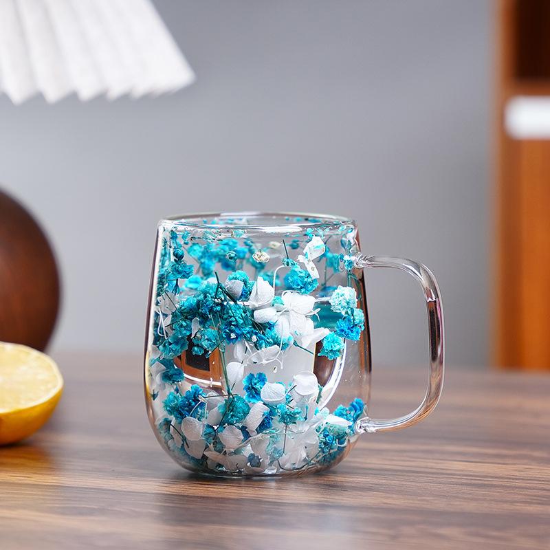 Flower-Infused Glass Mug - Decorative Dried Flower Clear Coffee/Tea Cup (Multi-Color Options)