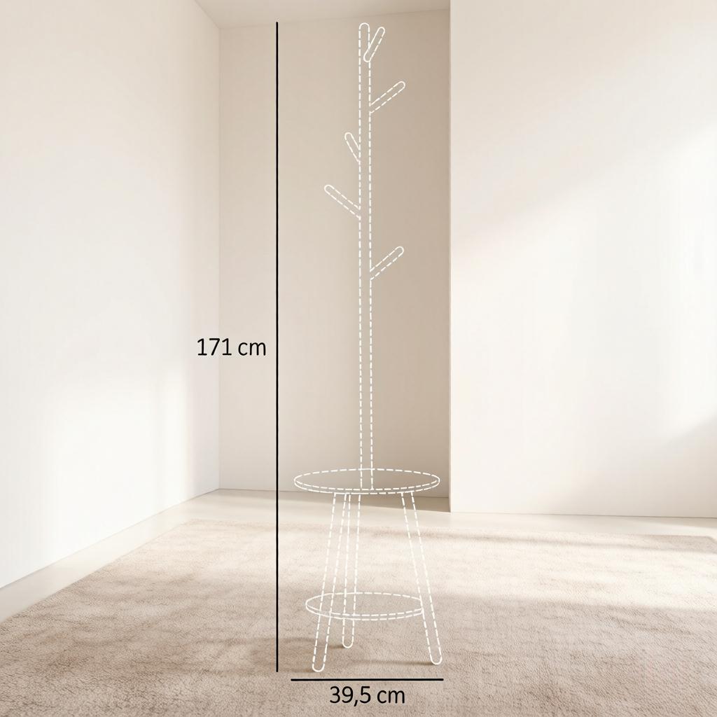 Modern Standing Coat Tree with Round Shelf and Vertical Hook Arrangement, Elegant Hallway Stand, Multifunctional Clothes Rack