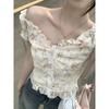 Unique Floral Short Style Fashionable Waist V-neck Puff Sleeve One-shoulder Sweet and Spicy Top Shirt