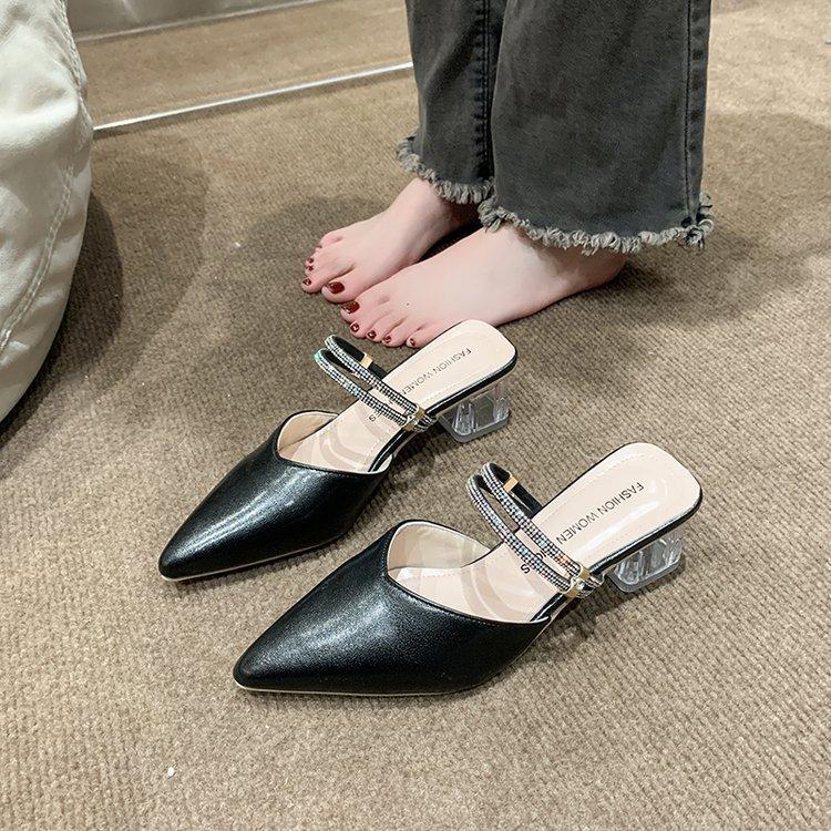 Модные остроносые туфли на высоком каблуке 2025 лето новая модель толстый каблук цвет стразы сандалии повседневные женские туфли с закрытым носком