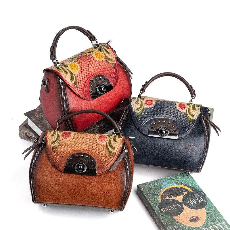 Johnature Retro Embossed First Layer Cow Leather Women Bag Handmade Floral Hasp Handbag Leisure Shoulder Messenger Bags