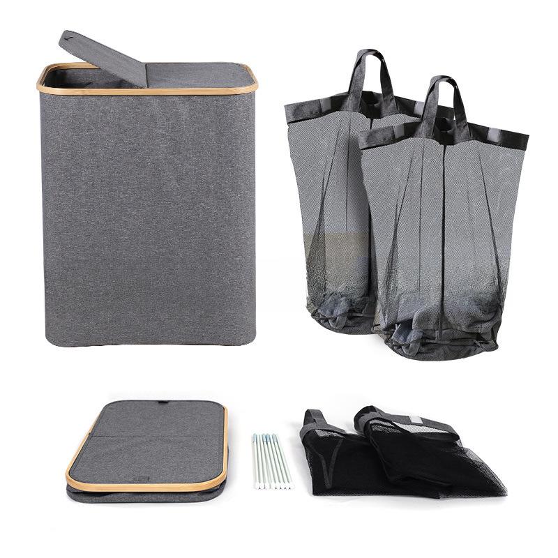 Foldable Bamboo Laundry Basket with Dual Mesh Bags and Large Capacity