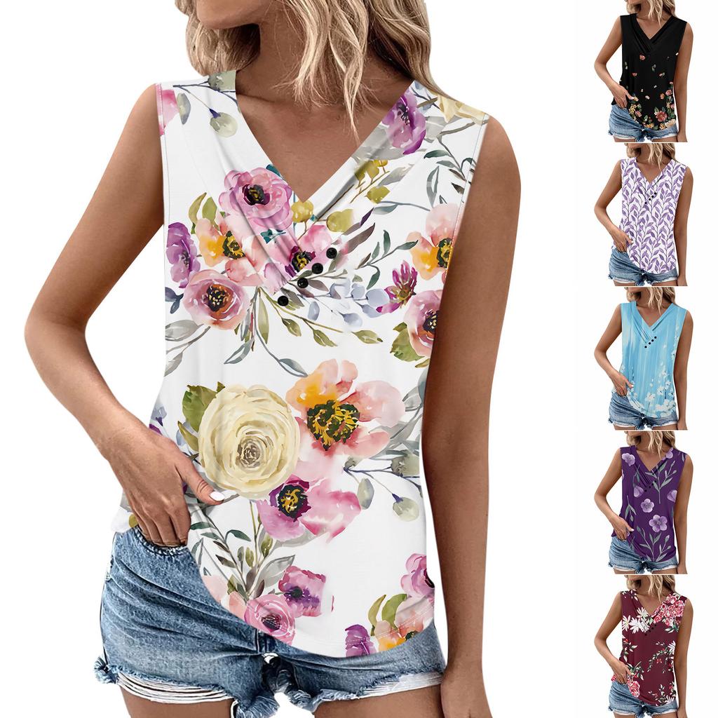 Summer Womens Tank Tops V Neck Casual Printed Sleeveless Shirts Casual Loose Fit Pleated Tshirts Tees Ladies Blouse