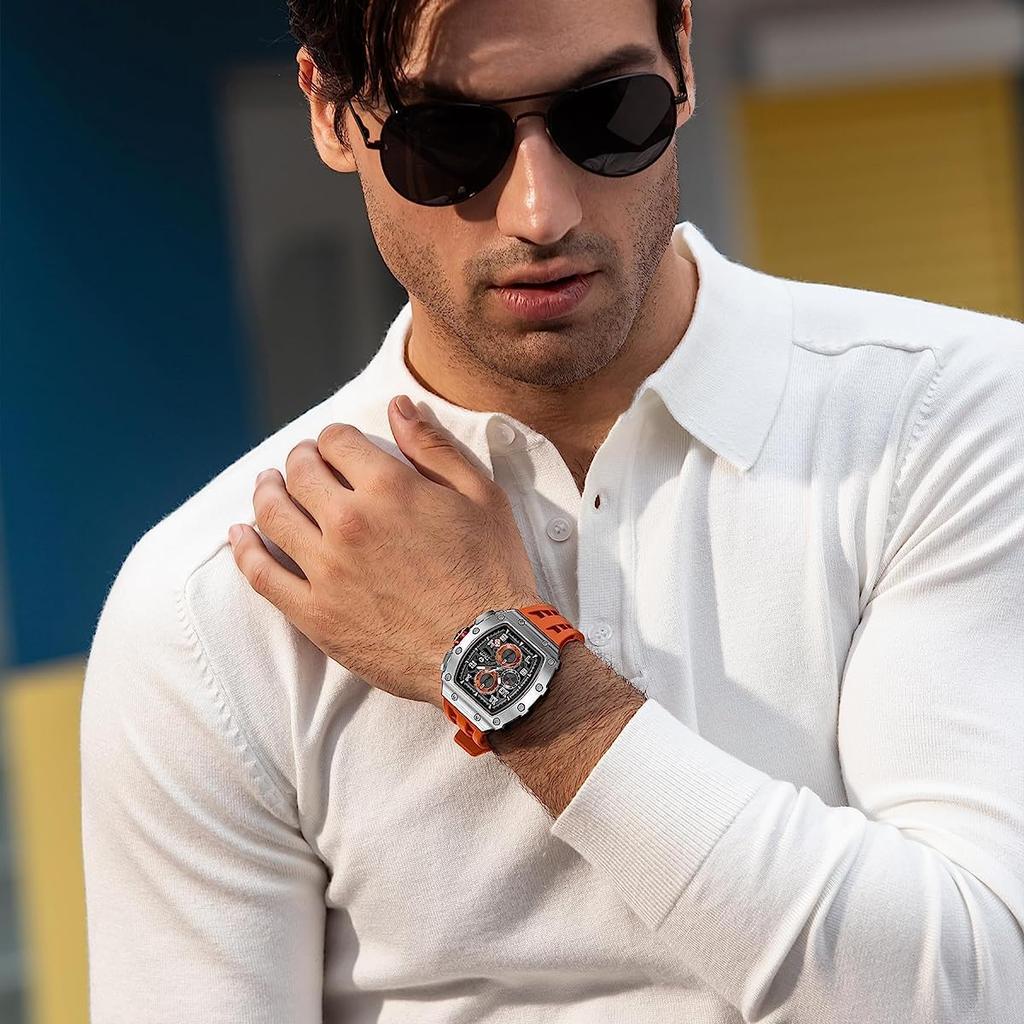 TSAR BOMBA 5 АТМ Водонепроницаемые Стальные Часы-Бочка Черно-Оранжевые Мужские Наручные, Устойчивые, Форма, Сталь, Бизнес, Спорт, Люкс, Мода,