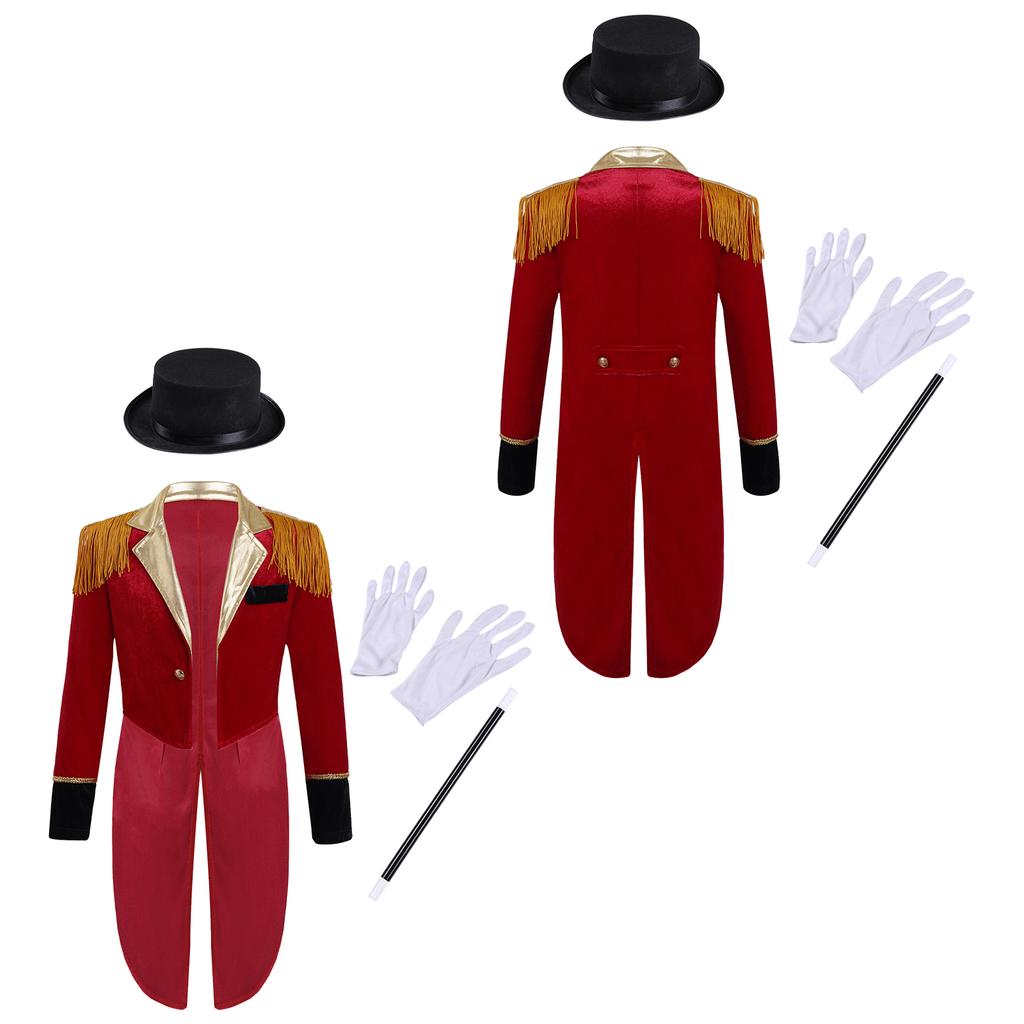 Complete Boys Dress Up & Cosplay Set: Circus Ringmaster Tailcoat, Hat, Wand, Gloves for Halloween & Theme Party Role Play