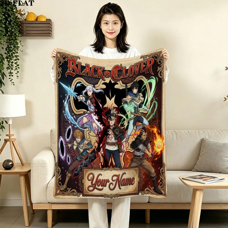 1PC Black Clover Custom Name Patterned Flannel Blanket Suitable For All Seasons For Home Decor Warmth And Comfort Gifts Holiday Present