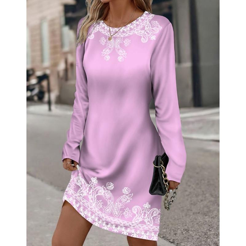 Весенне-летние женские платья с круглым вырезом и длинными рукавами, платье с цветочным принтом и растительным принтом