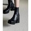 Black High-heeled Boots Women's Autumn Thick-heeled Elastic Boots Mary Jane Short Boots Thick-soled Martin Boots Heightened Square Head Thin Boots