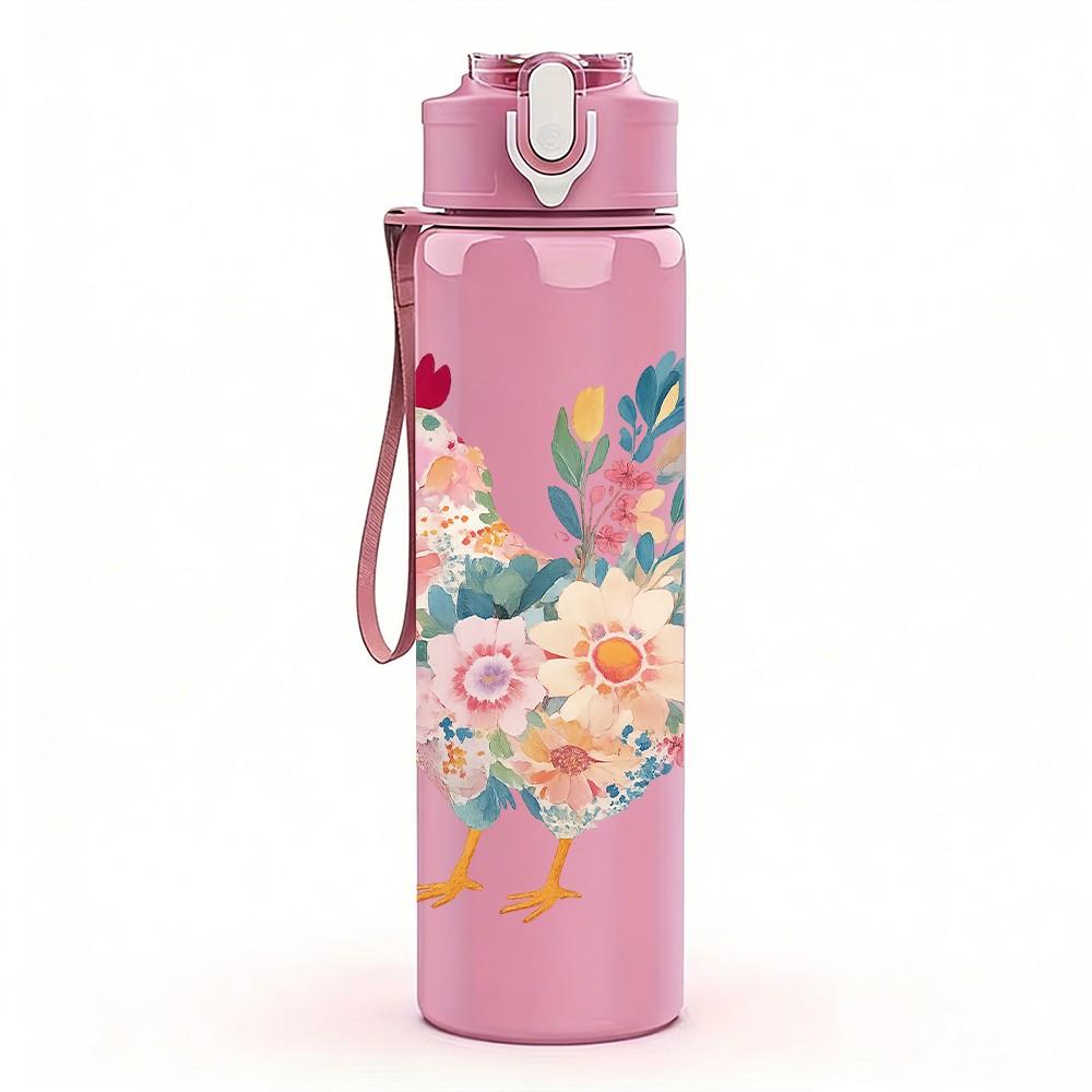 1PC Floral Rooster Chicken Art 750ml Color Plastic Sports Water Bottle Leakproof Flip Straw Lid Suitable for Sports Office Home Use