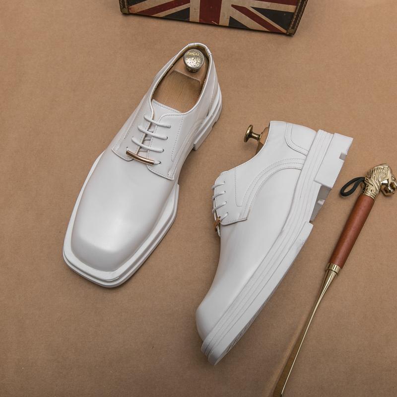 Men's Luxury Moccasins Breathable Square Head Heightened Formal White Leather Shoes Derby Shoes Party Evening Dress Wedding Shoe