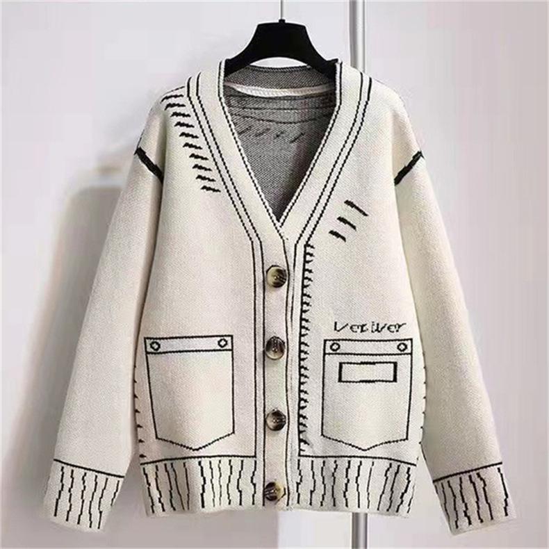 Sweater Female Fall and Winter Black and White Silhouette Loose Lazy Cardigan Jacket Knitted Tops Female Comfortable Versatile and Fashionable