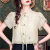 Модная новинка, летняя шифоновая блузка в китайском стиле с коротким рукавом и воротником-стойкой, с вышивкой, женская рубашка J388