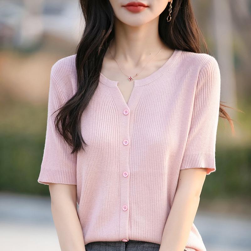 Women's Spring and Summer New Thin Short-sleeved Worsted Soft Knit Cardigan T-shirt Open Collar Small Shirt