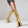 Gold Pleated Knee High Platform Boots Women Chunky Heels Sexy Silver White Croc Party Club Ladies Zipper Pointed Toe Long Boots