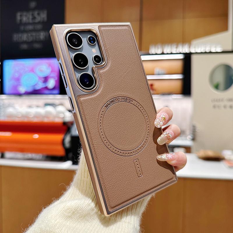 For Magsafe Magnetic Wireless Charging Luxury Solid Color Leather Bumper Phone Case For Samsung S25 Ultra S23 S22 S24 Ultra Plus
