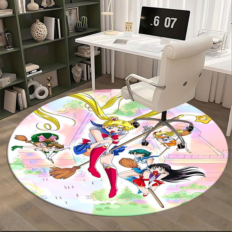 1pc Sailor Moon Anime Round Carpet Office Chair Mat, NonSlip Rug for Home Decor, Seasonal Gift, Suitable for Office, Living Room