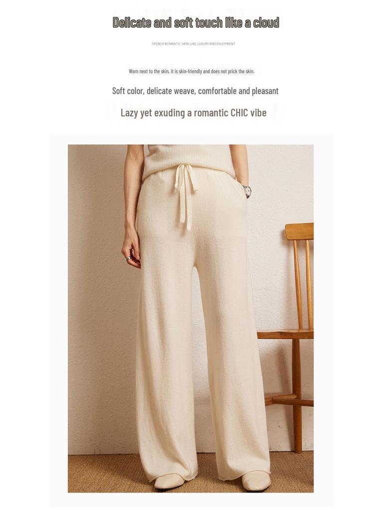 Women's High Waist Wide Leg Cashmere Pants - Floor-Length, Elastic Waist, Urban Fall/Winter Style