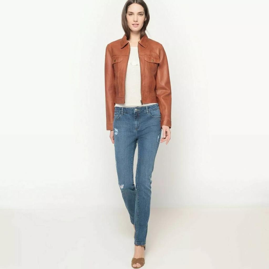 Brown Genuine Lambskin Leather Women Party Soft Handmade Casual Shirt Stylish